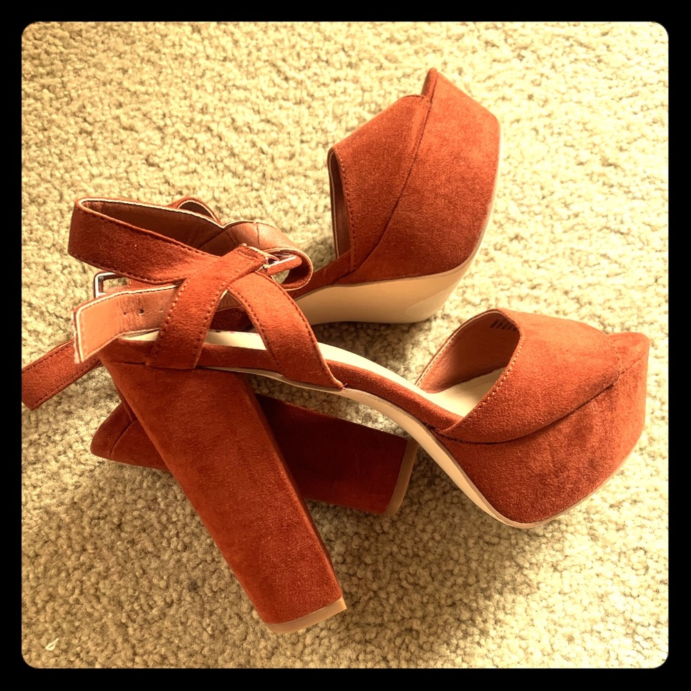 Brown Faux Suede Block Platform Heels